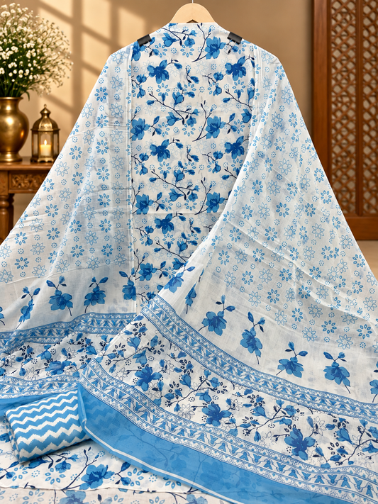 Blue Floral Printed Cotton Suit with Dupatta | Elegant Cotton Dress Material for Women
