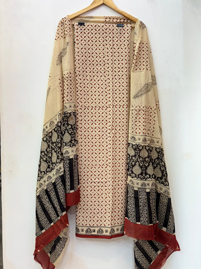 Jaipuri Hand Block Printed Suit with Mulmul Dupatta