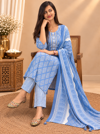 Blue Readymade Cotton Suit Set for Women | Printed Kurta Pant with Dupatta