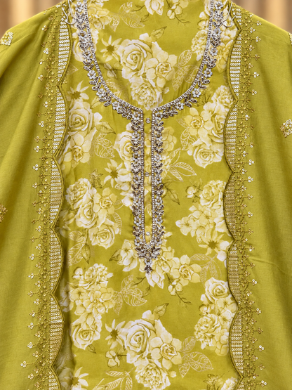 Premium Modal Silk Printed Suit Set with Elegant Embroidery | Olive Green Floral Suit for Women