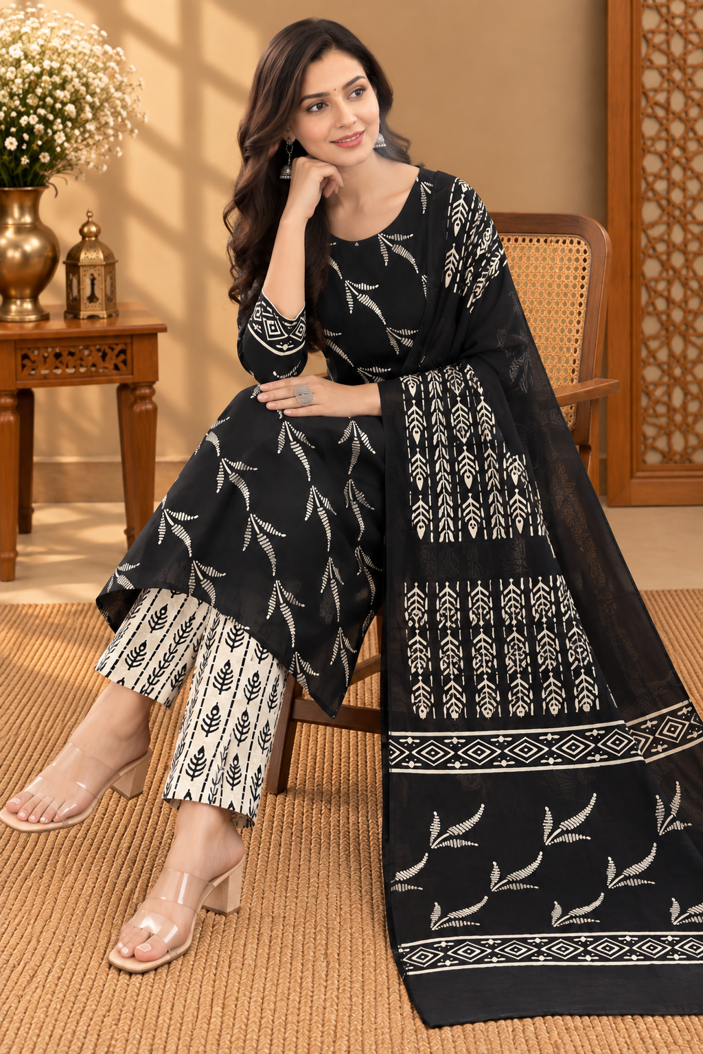 Black & White Block Printed Cotton Suit Set | Traditional Floral & Geometric Print Dress Material