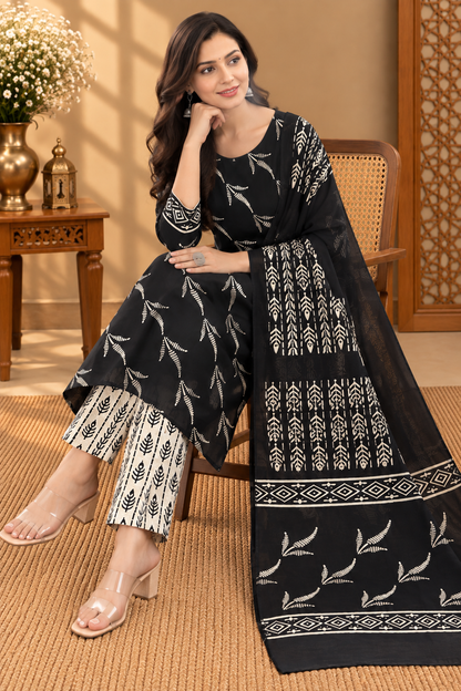 Black & White Block Printed Cotton Suit Set | Traditional Floral & Geometric Print Dress Material