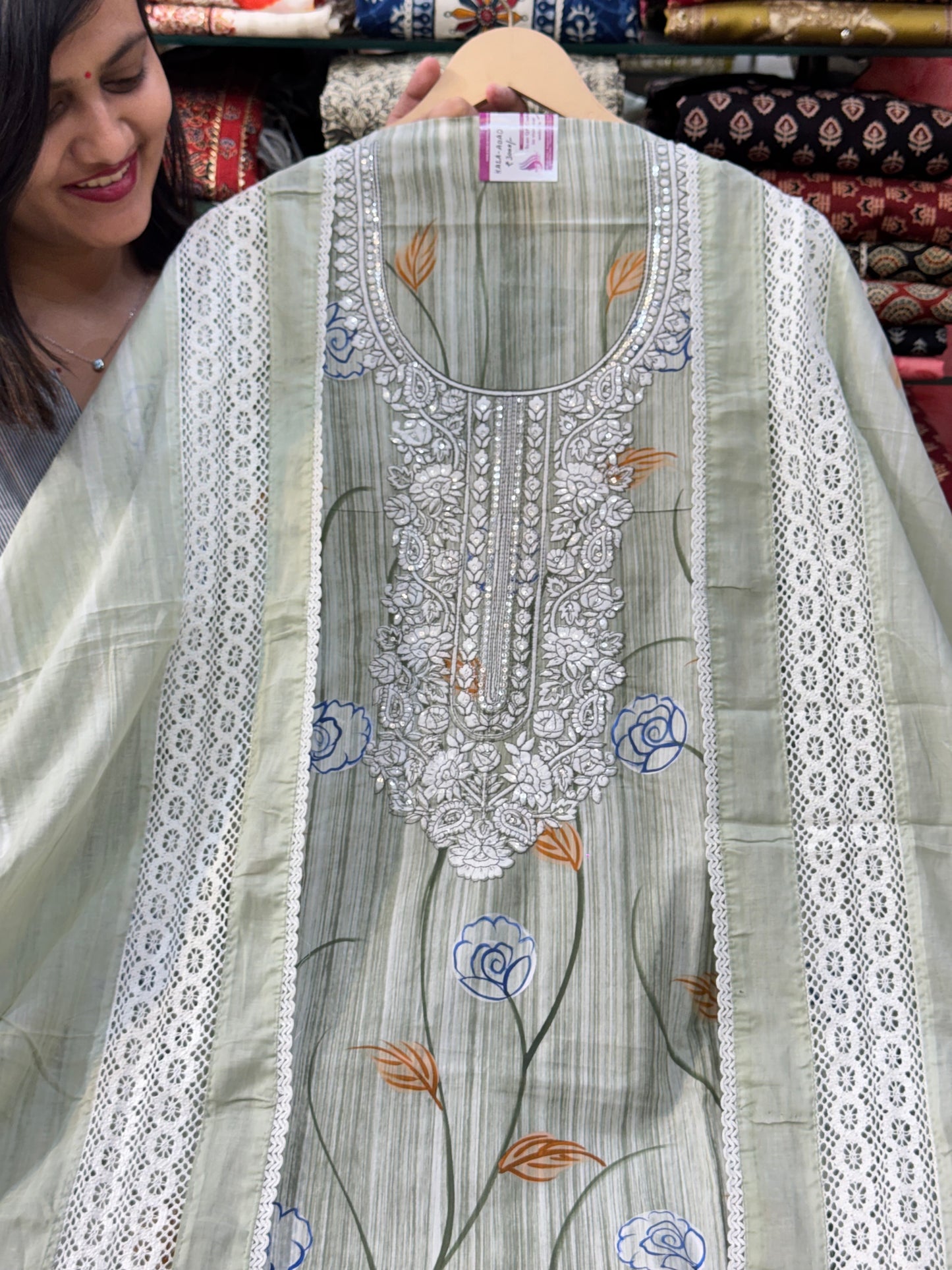 Premium Hand Painted Cotton Suit with Crochet Lace work