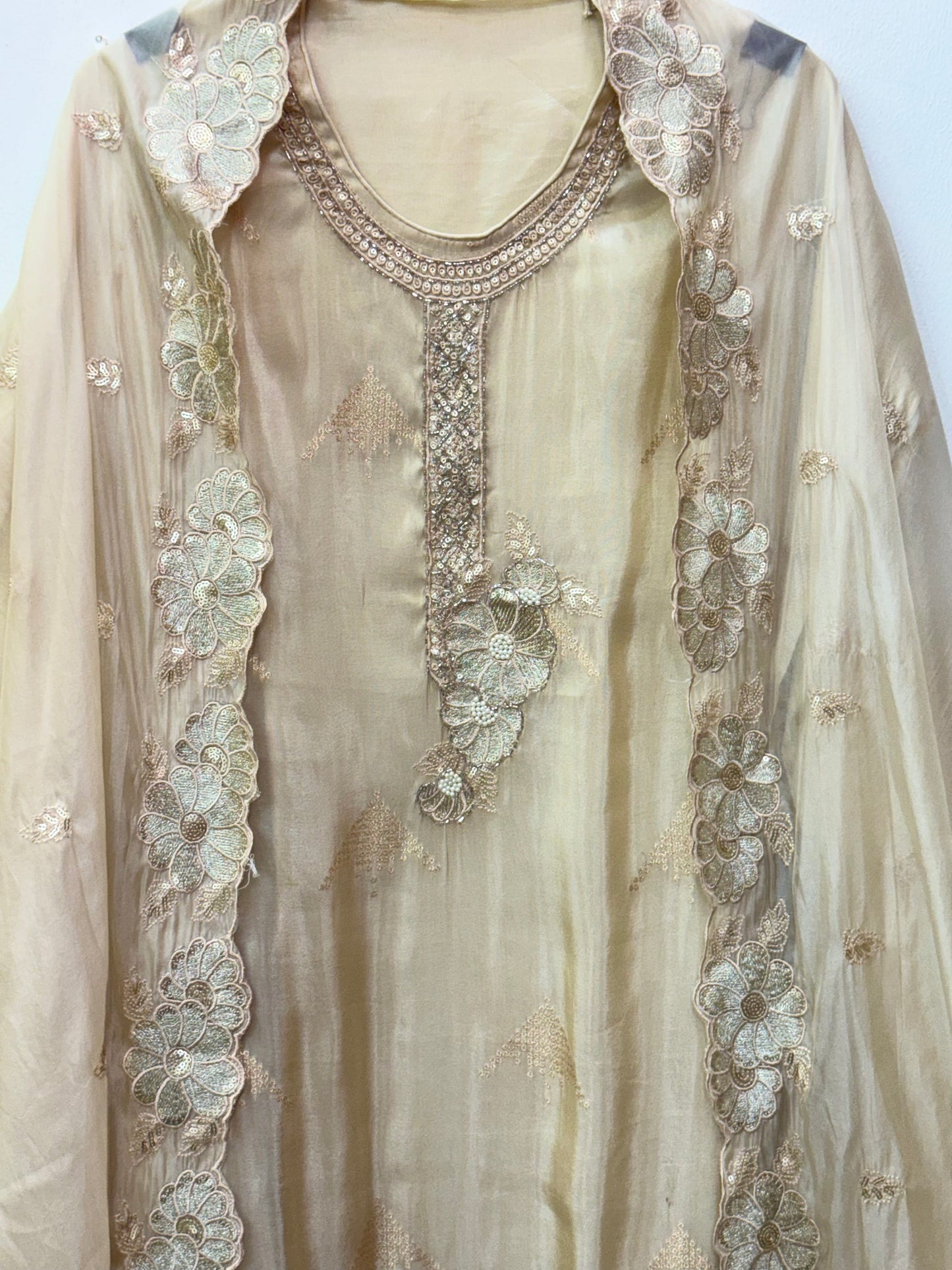 Beautiful Glass Silk Suit with Heavy Embroidery