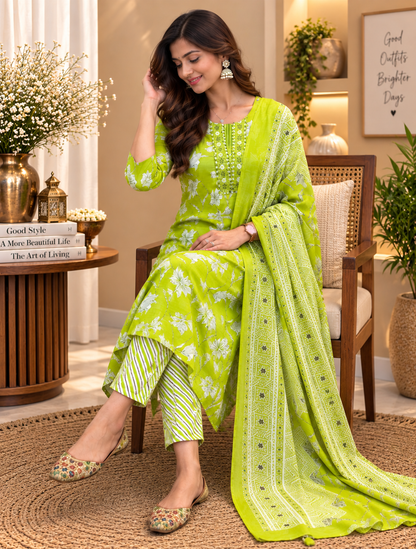Green Readymade Cotton Suit Set for Women | Floral Printed Kurta with Dupatta