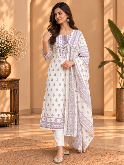 Printed Cotton Readymade Suit Set for Women | Floral Kurta with Dupatta