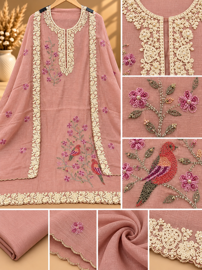 Peach Pure Mul Chanderi Designer Unstitched Suit with Floral Embroidery & Bird Motifs | Premium Ethnic Suit Set