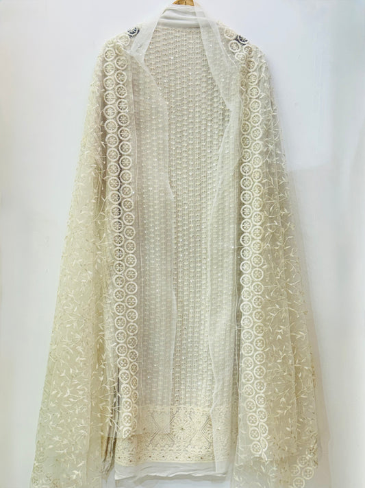 Dyeable Lucknowi Chikan Georgette Aanarkali Suit Fabric With Dola Silk Bottom