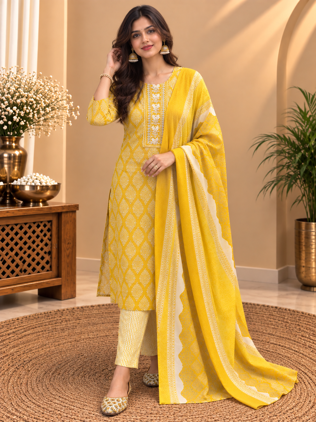 Yellow Readymade Cotton Suit Set for Women | Printed Kurta Pant with Dupatta