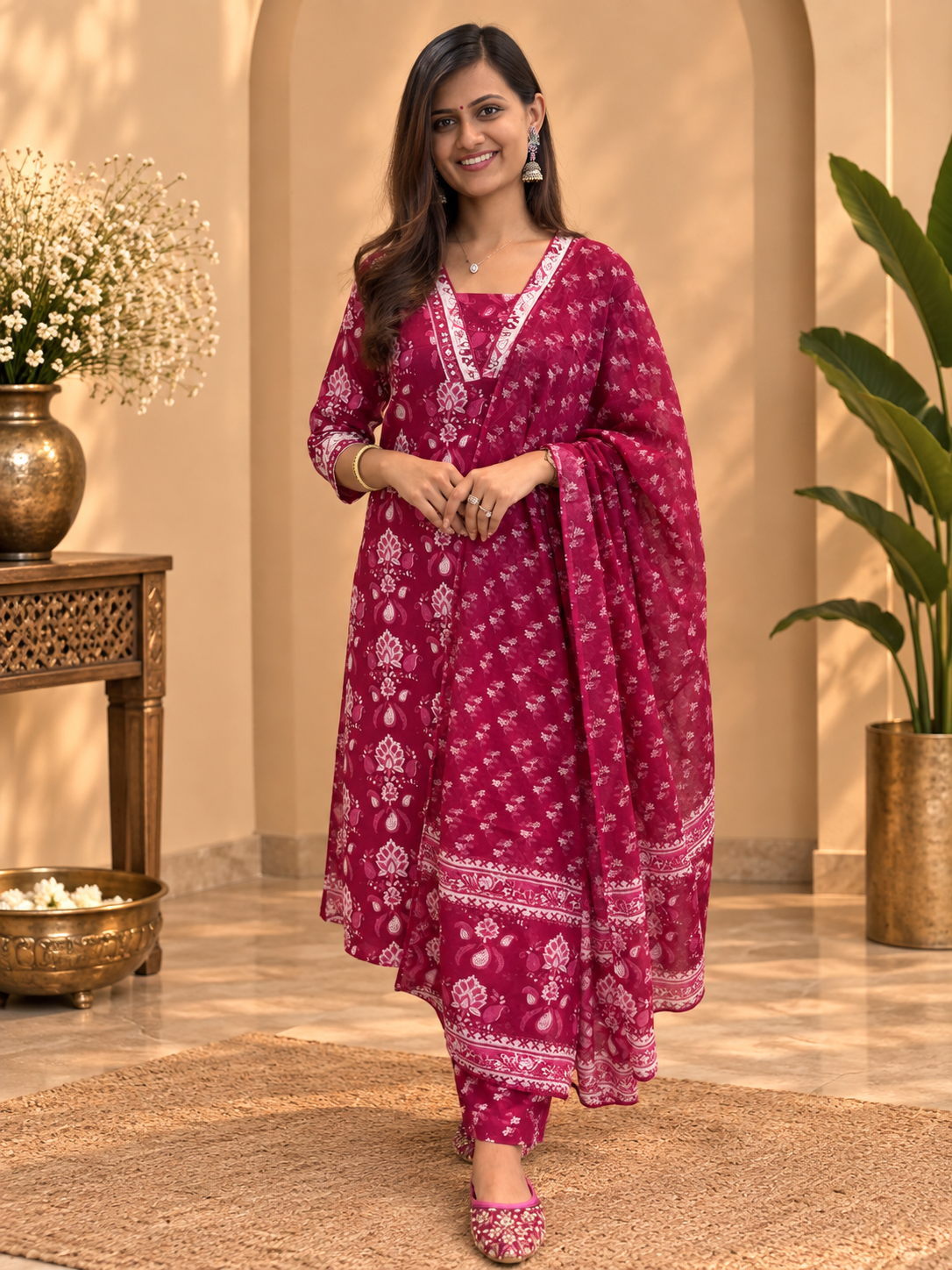 Printed Cotton Readymade Suit Set for Women | Floral Cotton Kurta with Dupatta