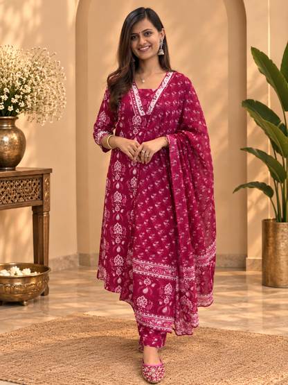 Printed Cotton Readymade Suit Set for Women | Floral Cotton Kurta with Dupatta