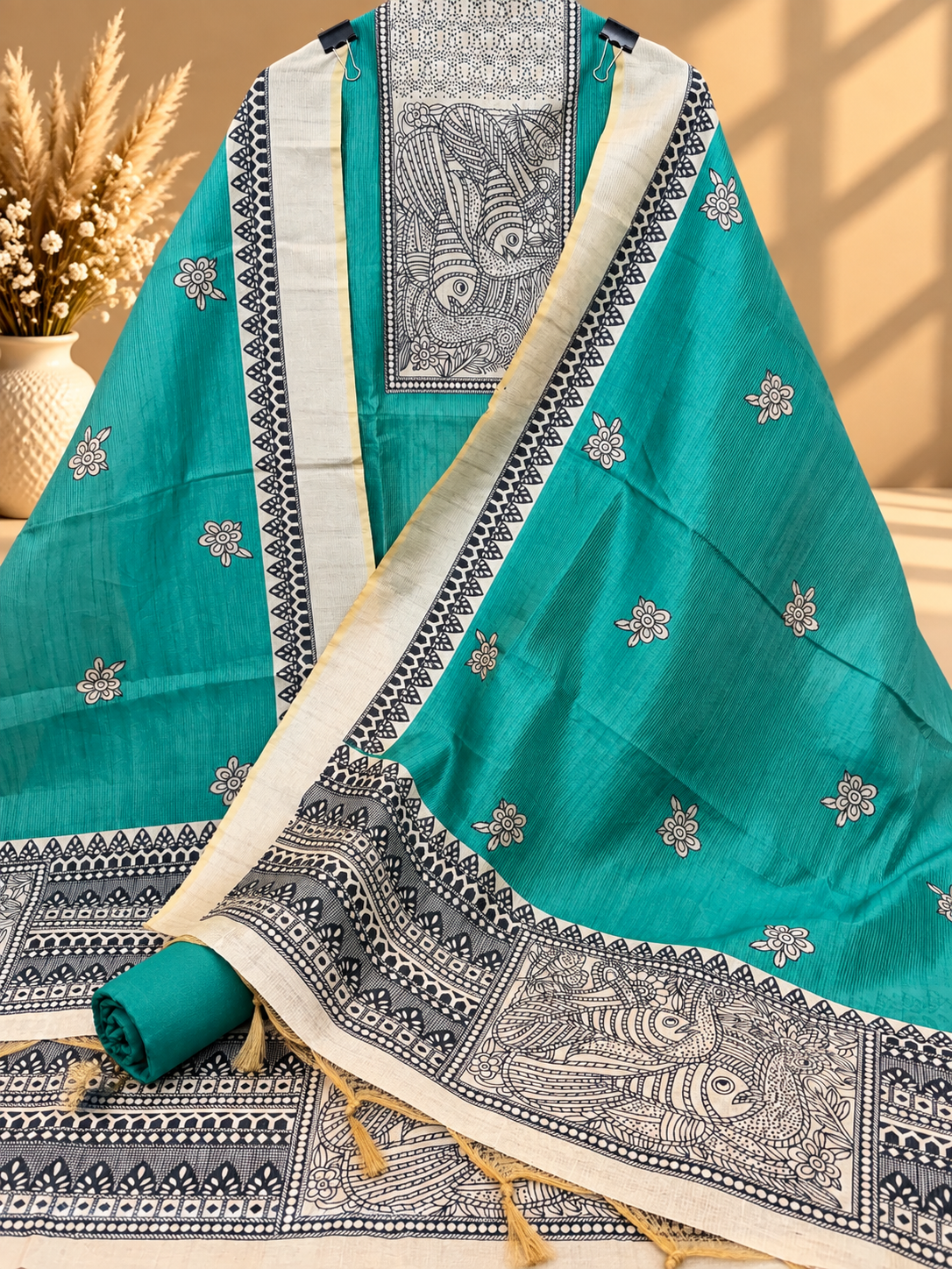 Teal Green Silk Digital Printed Unstitched Suit with Madhubani Art Dupatta | Designer Ethnic Suit