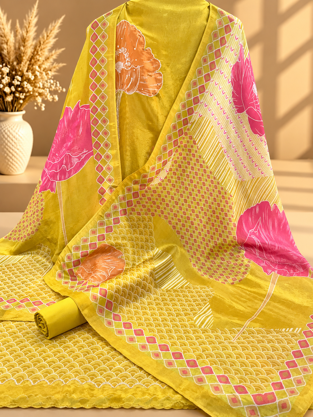 Yellow Shimmer Silk Digital Printed & Embroidered Unstitched Suit Set | Premium Designer Suit