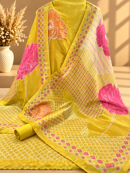 Yellow Shimmer Silk Digital Printed & Embroidered Unstitched Suit Set | Premium Designer Suit