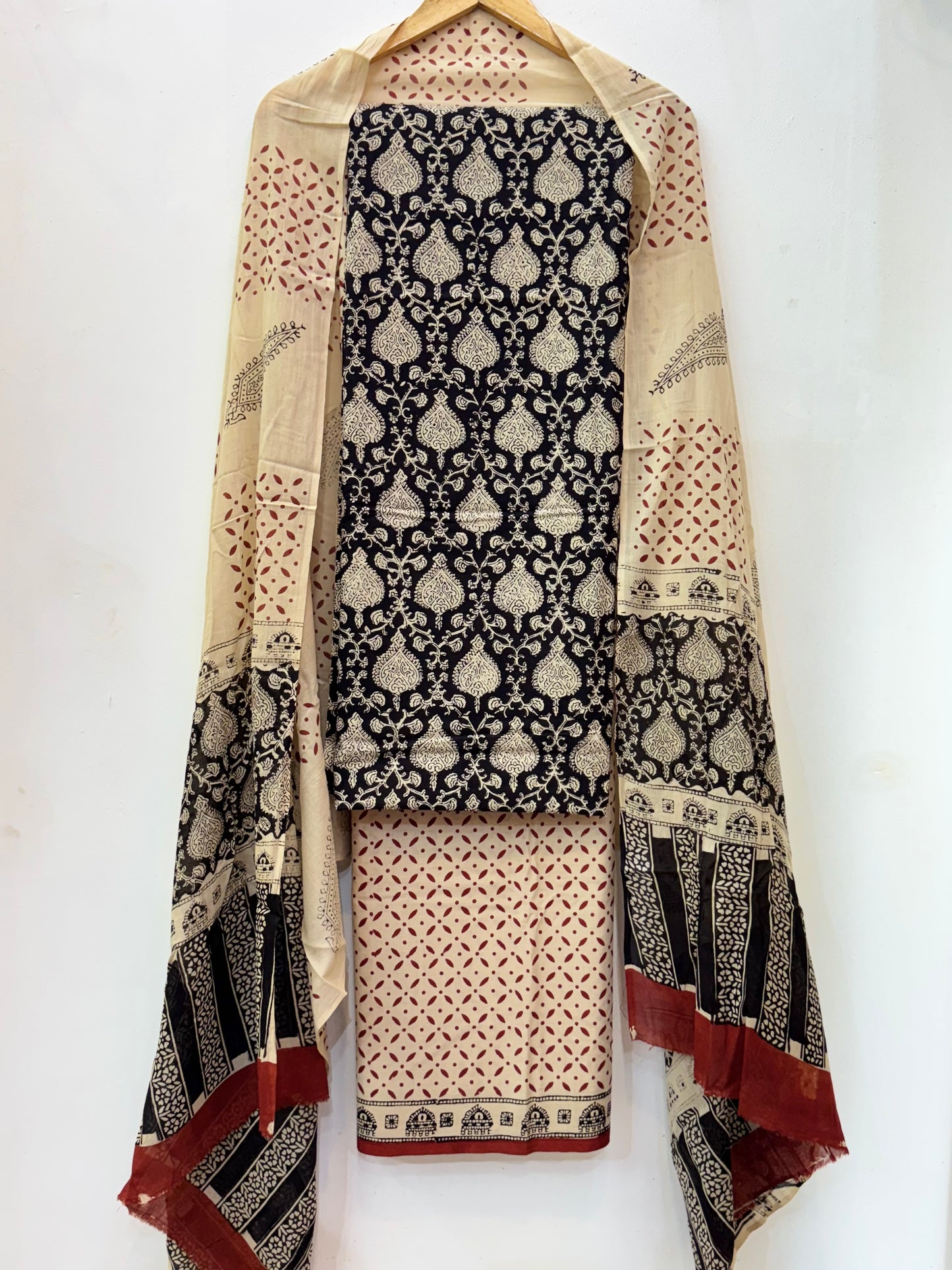 Jaipuri Hand Block Printed Suit with Mulmul Dupatta