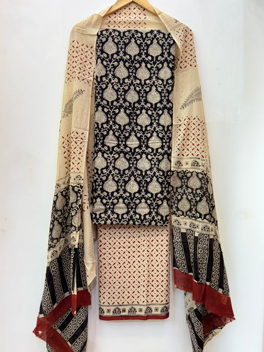 Jaipuri Hand Block Printed Suit with Mulmul Dupatta