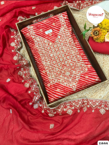 Beautiful Red Modal Silk Suit with Real Mirror Embroidery