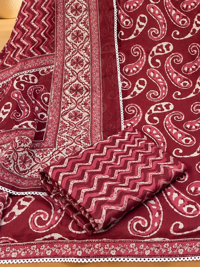 Maroon Jaipuri Cotton Printed Suit | Traditional Paisley Print Designer Unstitched Suit for Women