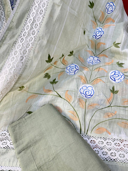 Premium Hand Painted Cotton Suit with Crochet Lace work