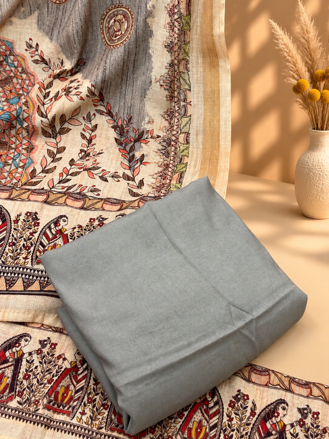 Grey Maheshwari Silk Unstitched Suit | Designer Printed Suit with Ethnic Border