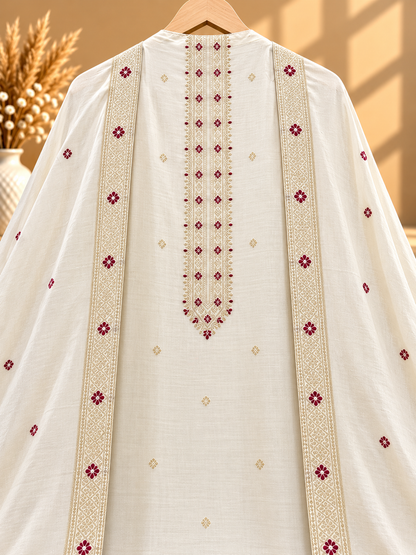 White Designer Unstitched Suit with Embroidered Neckline & Printed Dupatta | Premium Ethnic Suit Set