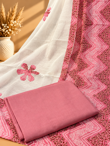 Pink & White Cotton Digital Printed Unstitched Suit with Designer Neckline & Dupatta | Premium Ethnic Suit Set