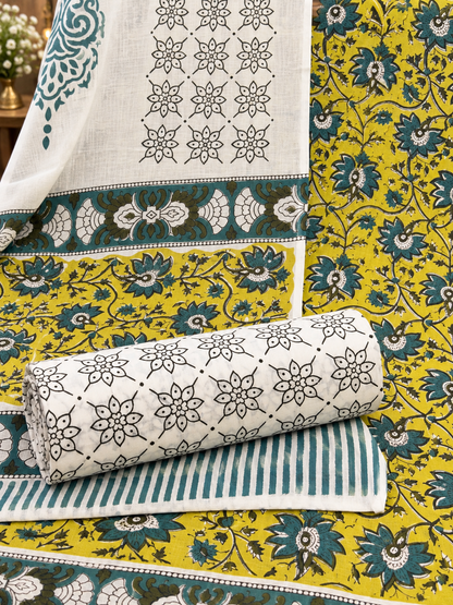 Jaipuri Block Printed Cotton Suit Set | Mustard Floral Print with Printed Dupatta