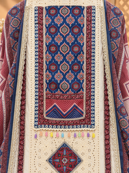 Premium Cotton Hakoba Suit with Ethnic Print, Designer Lace & Embroidered Detailing | Cotton Suit Set for Women