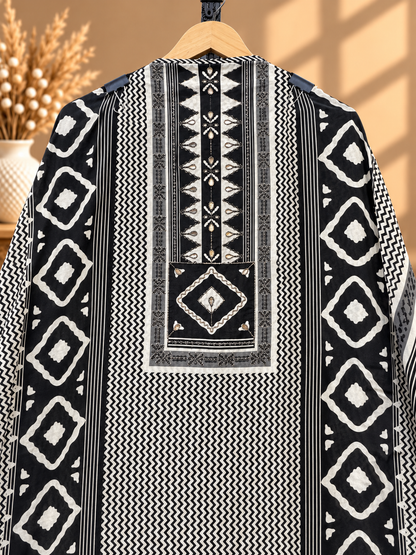 Black & White Muslin Digital Printed Unstitched Suit with Designer Border | Premium Ethnic Suit Set