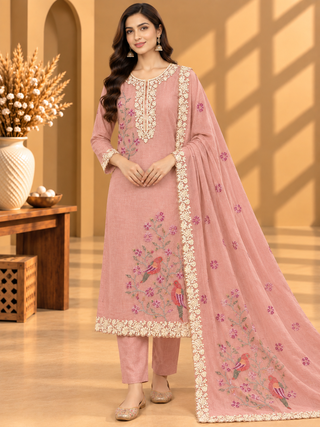 Peach Pure Mul Chanderi Designer Unstitched Suit with Floral Embroidery & Bird Motifs | Premium Ethnic Suit Set