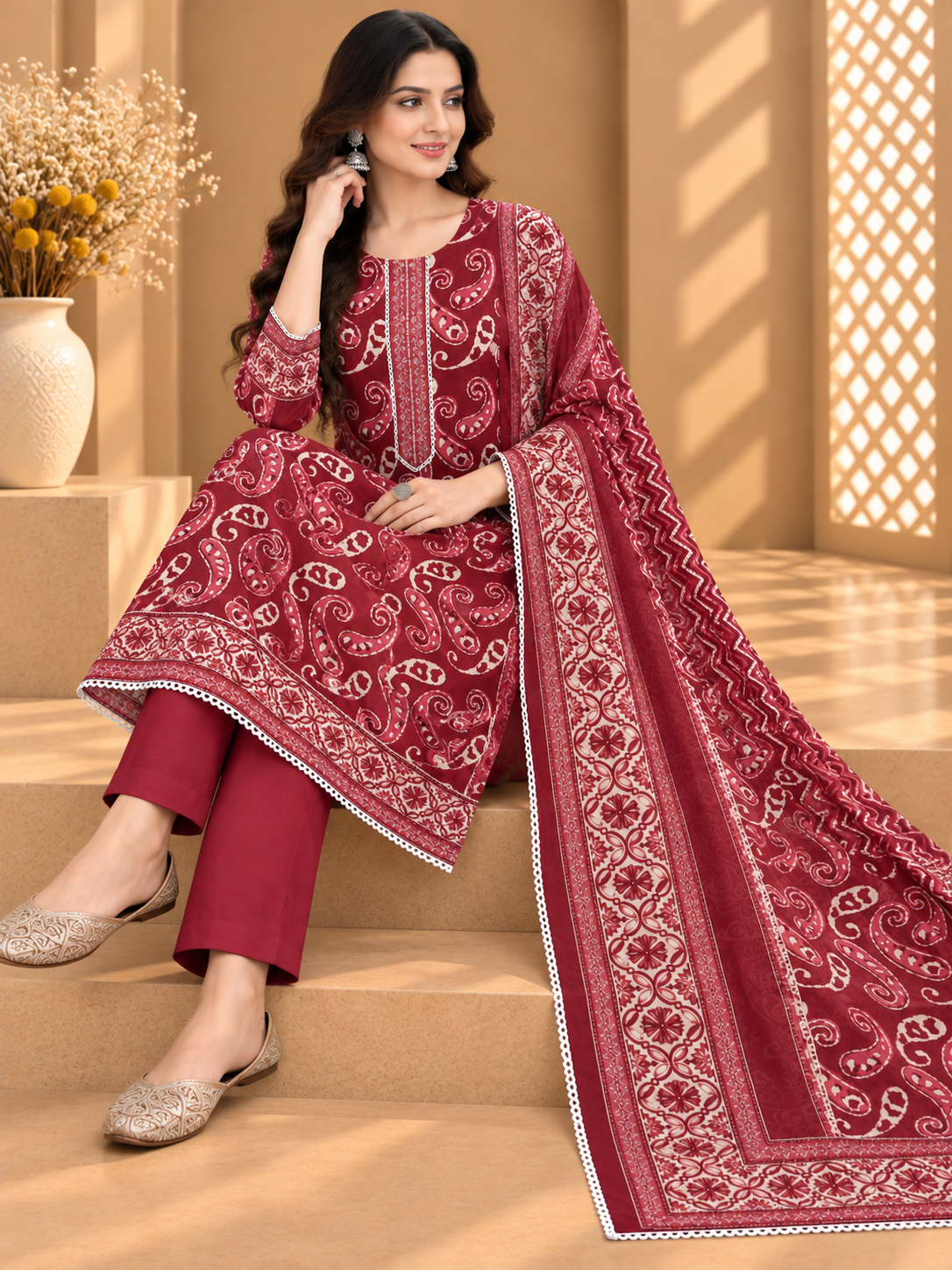 Maroon Jaipuri Cotton Printed Suit | Traditional Paisley Print Designer Unstitched Suit for Women