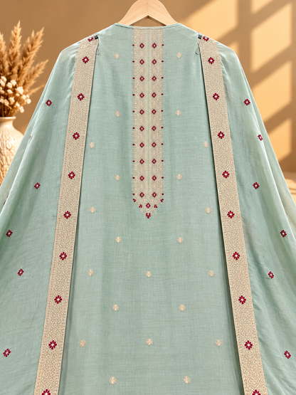 Mint Green Muslin Digital Printed Unstitched Suit with Designer Border & Dupatta | Premium Ethnic Suit