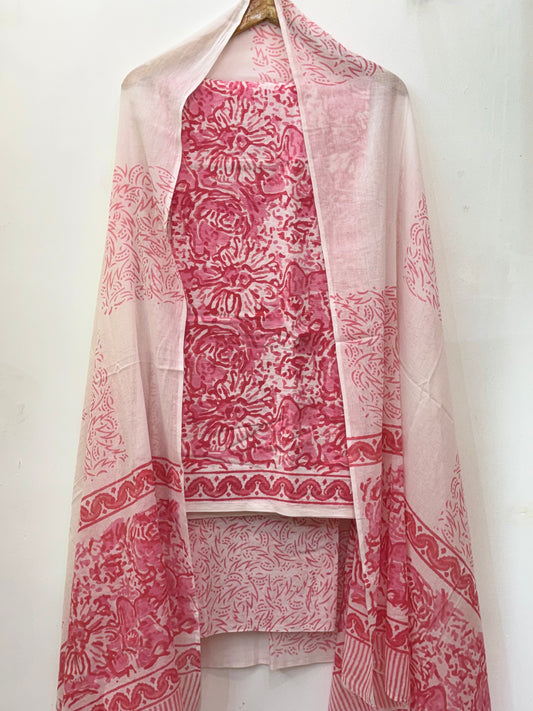 Jaipuri Hand Block Printed Suit with Mulmul Dupatta