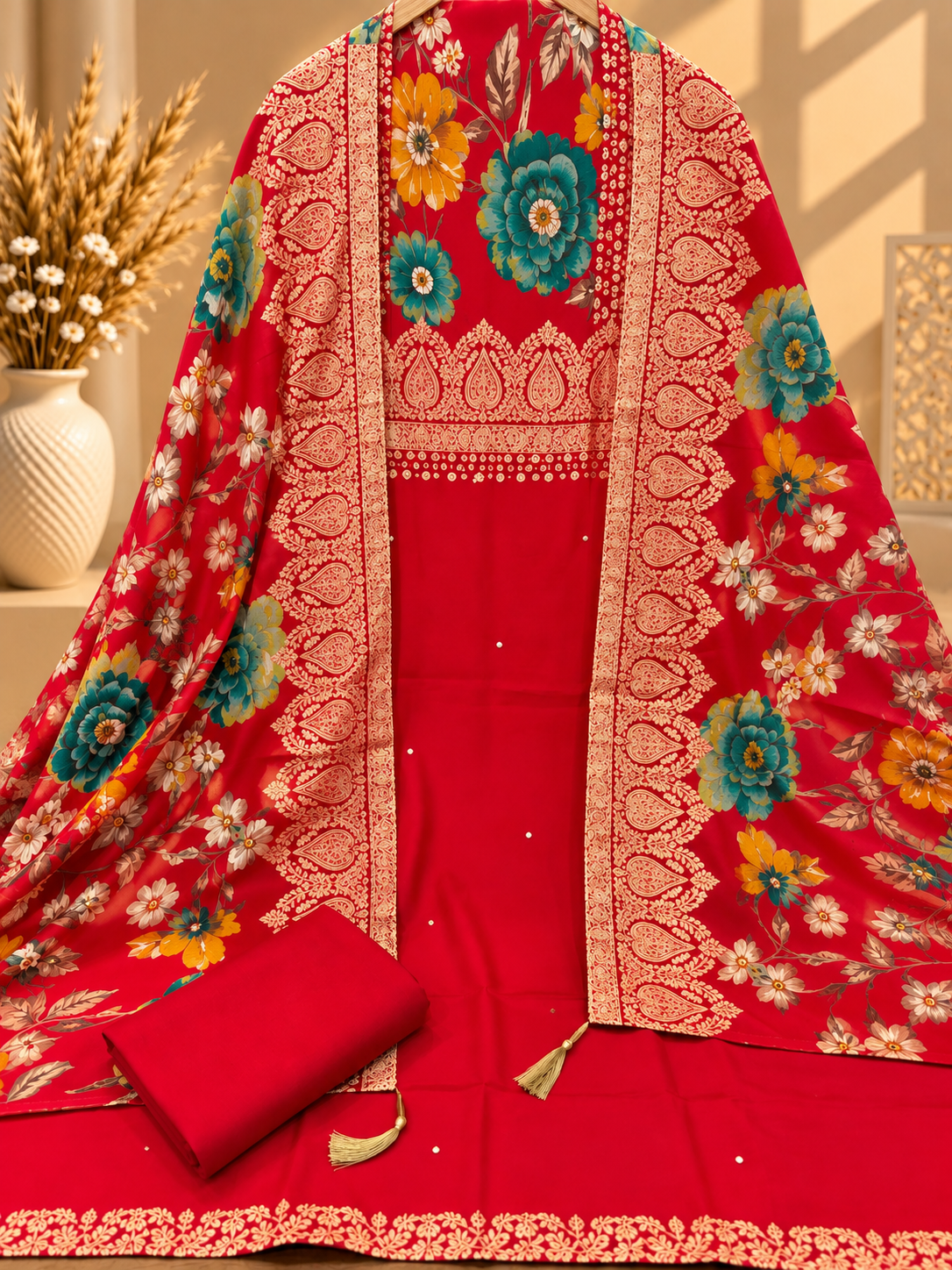 Red Modal Silk Floral Printed Unstitched Suit for Women | Designer Ethnic Wear