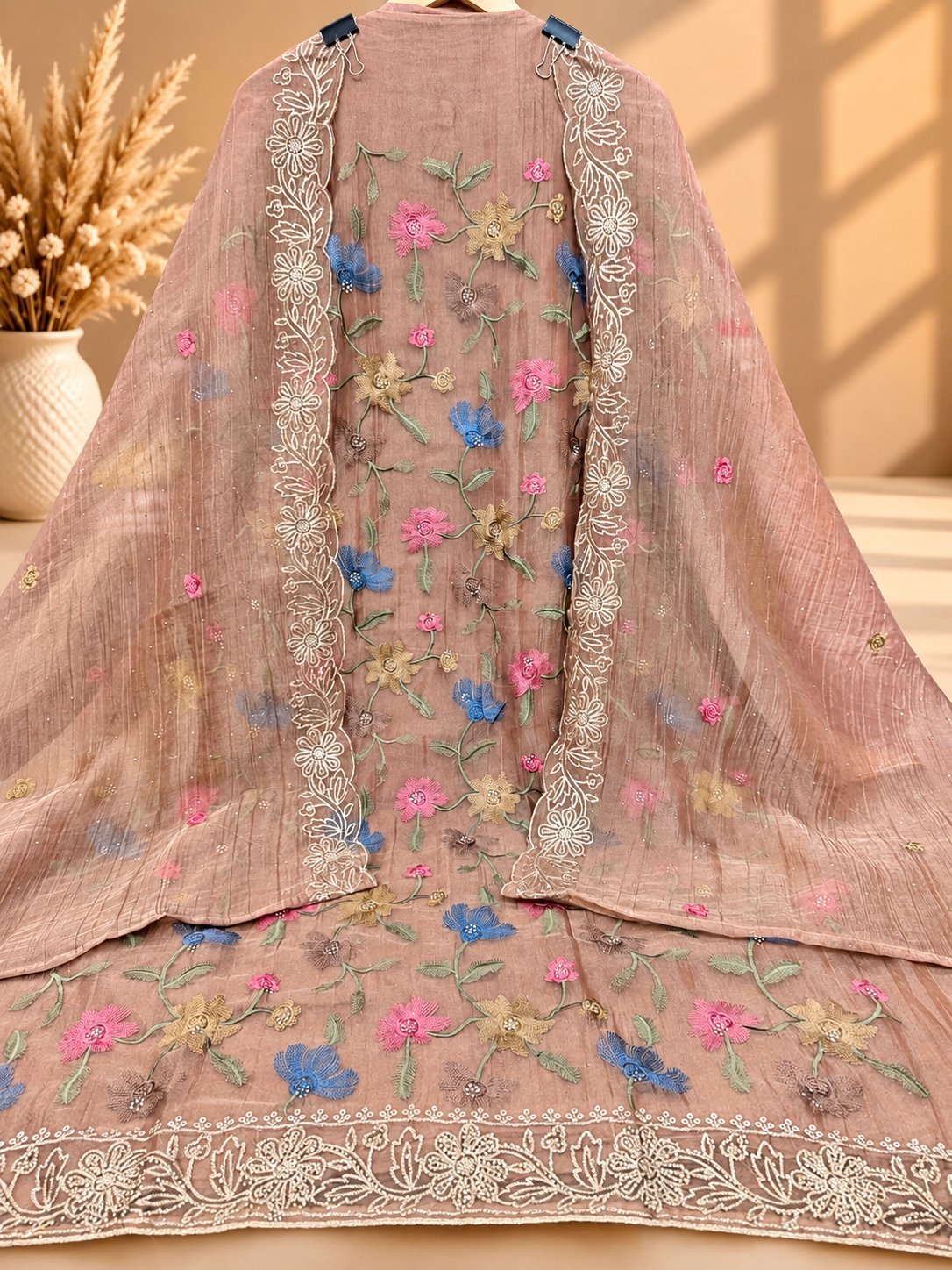 Premium Shimmer Tissue Suit with Multicolour Floral Embroidery & Designer Dupatta | Festive Wear for Women