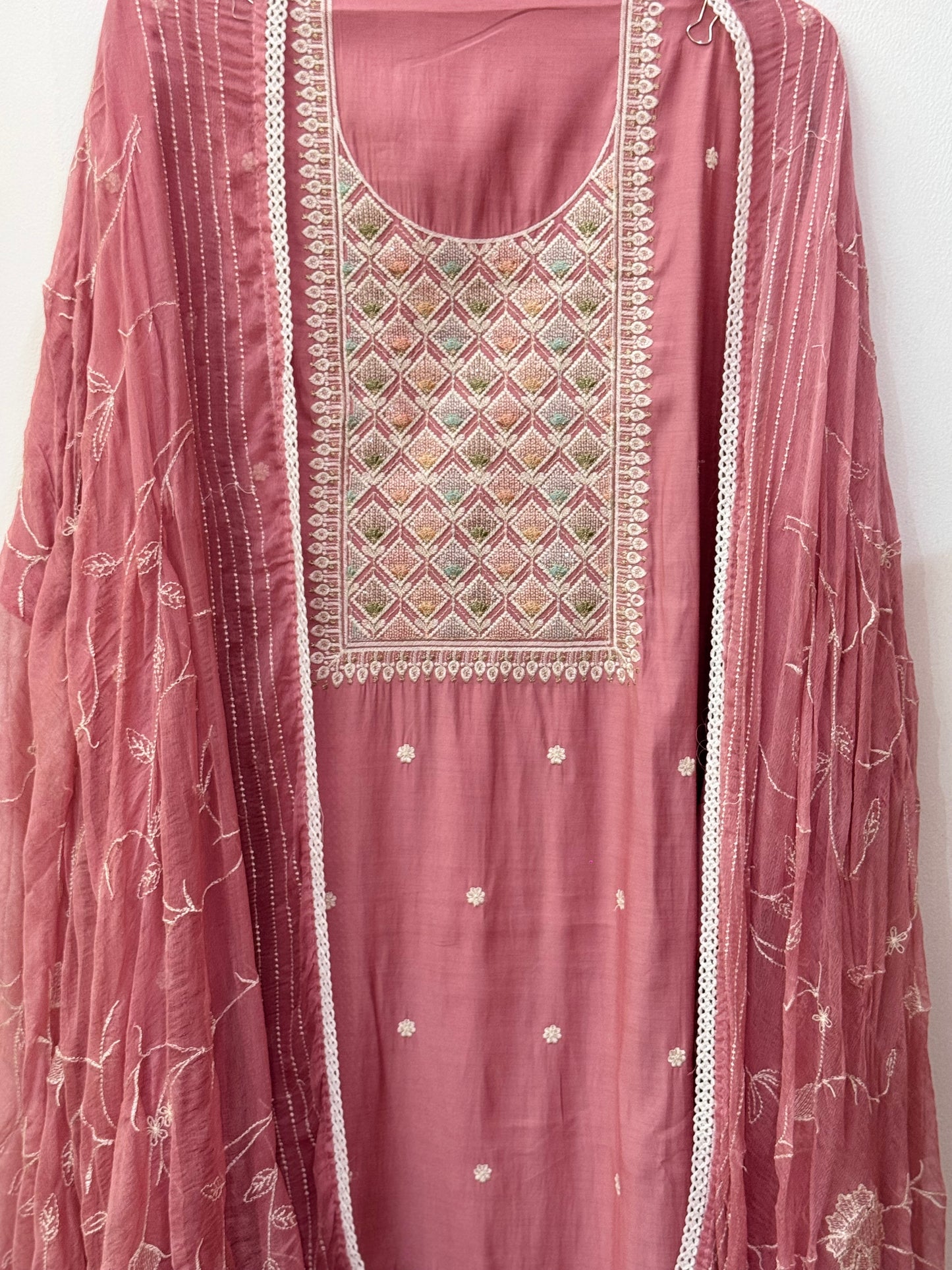 Beautiful thread work muslin suit with heavy Jaal work dupatta