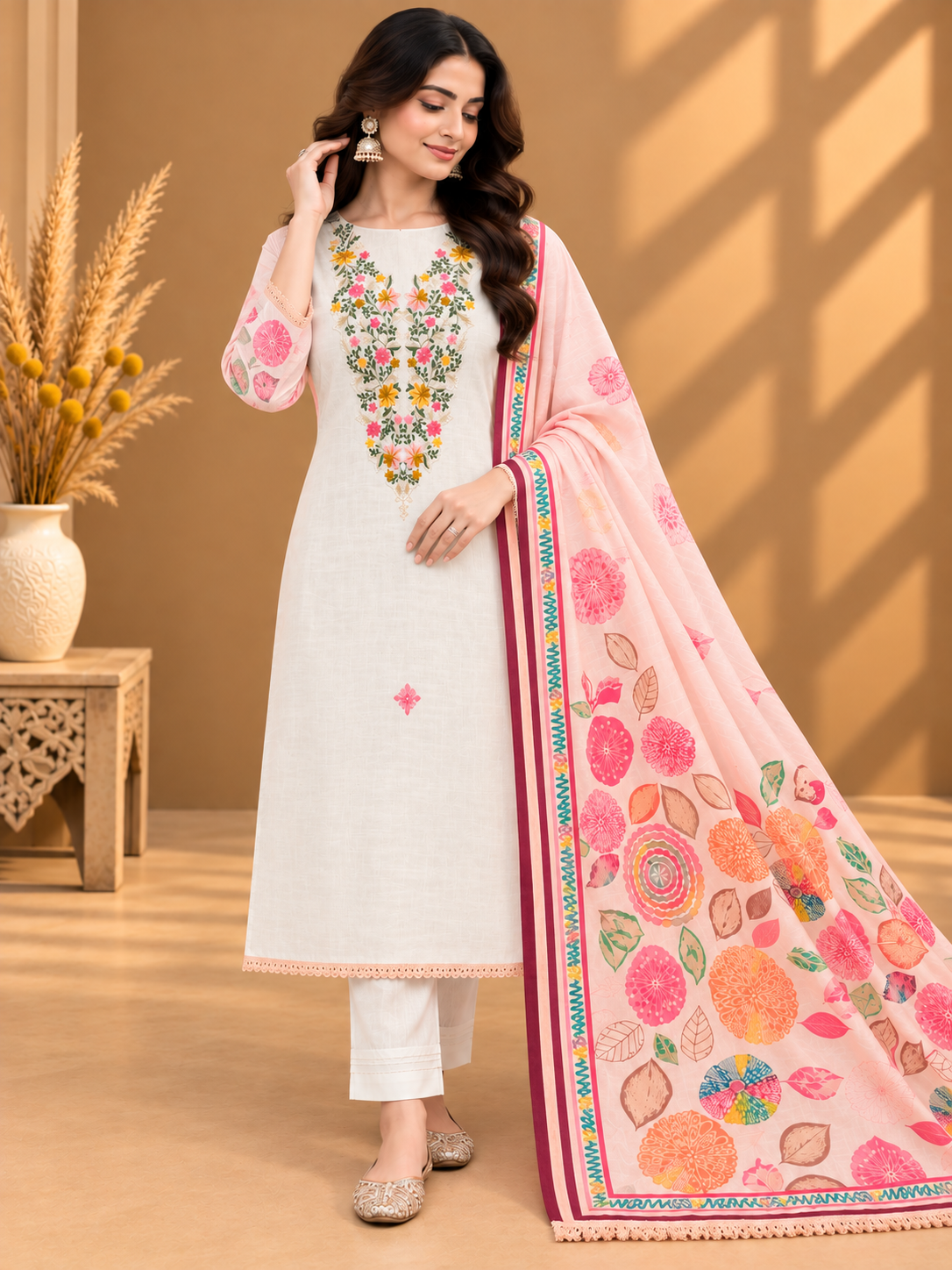 Premium White & Peach Cotton Suit with Floral Embroidery & Multicolour Print | Designer Cotton Suit for Women