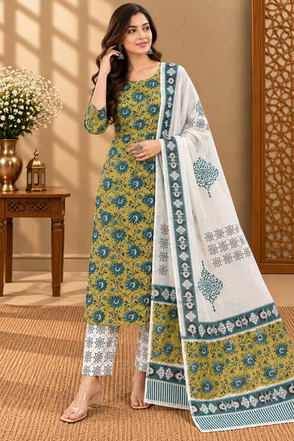 Jaipuri Block Printed Cotton Suit Set | Mustard Floral Print with Printed Dupatta