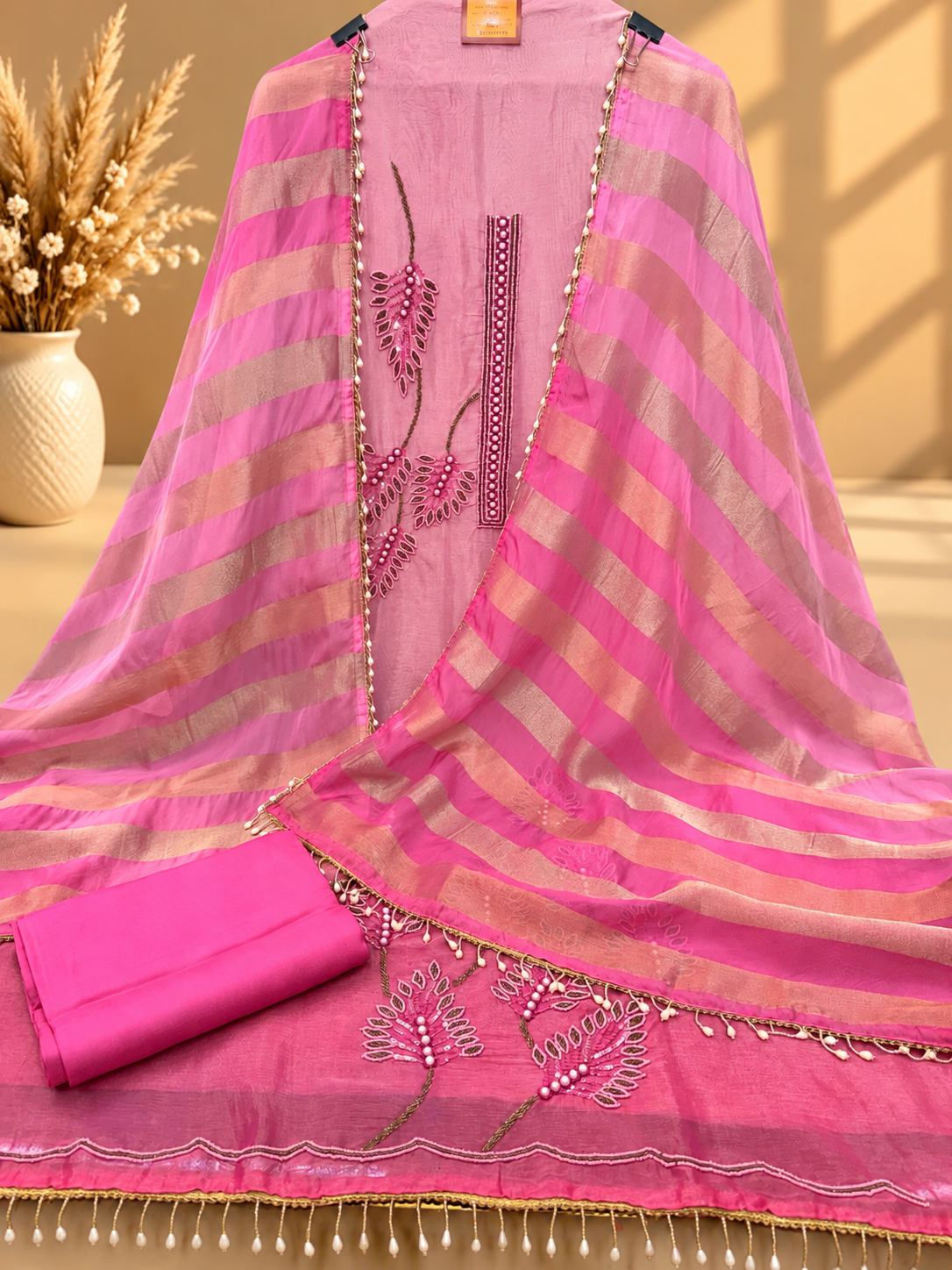Pink Designer Unstitched Suit with Embroidered Floral Work & Striped Dupatta | Premium Ethnic Suit Set