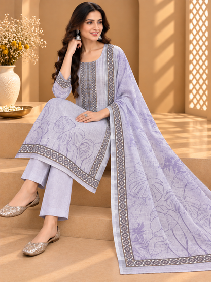 Lavender White Linen Printed Suit | Designer Linen Unstitched Suit with Floral Dupatta