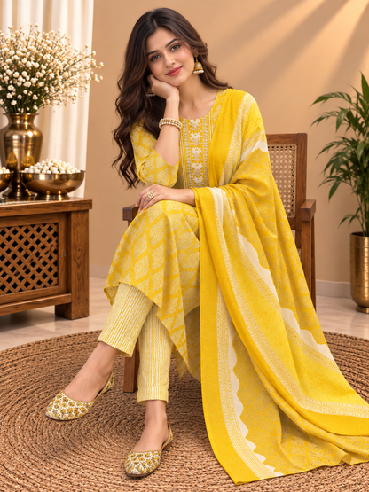 Yellow Readymade Cotton Suit Set for Women | Printed Kurta Pant with Dupatta