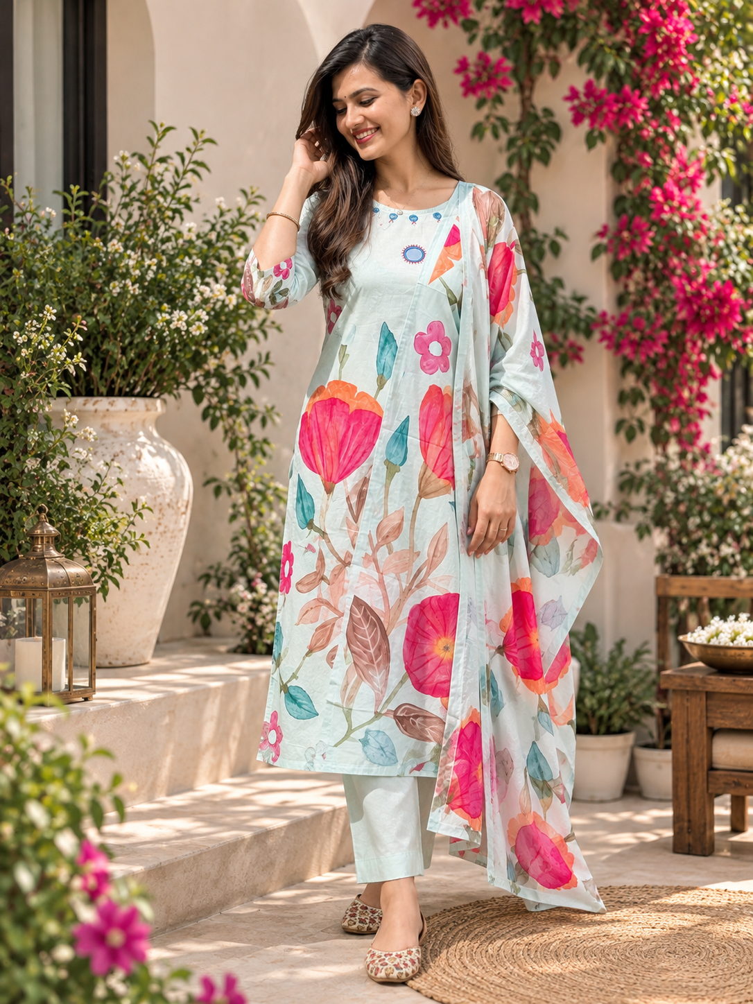 Printed Cotton Readymade Suit Set for Women | Floral Cotton Kurta with Dupatta