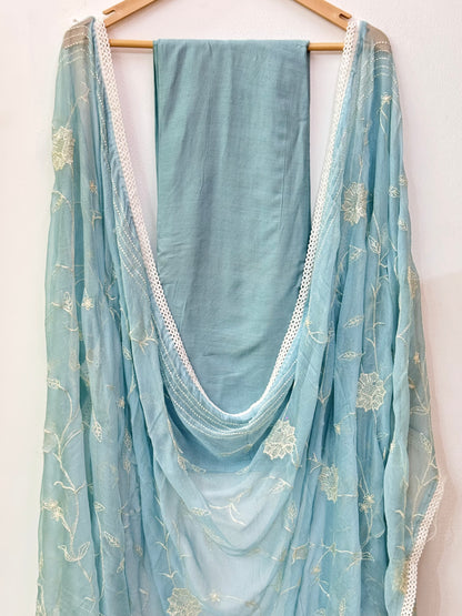 Beautiful thread work muslin suit with heavy Jaal work dupatta