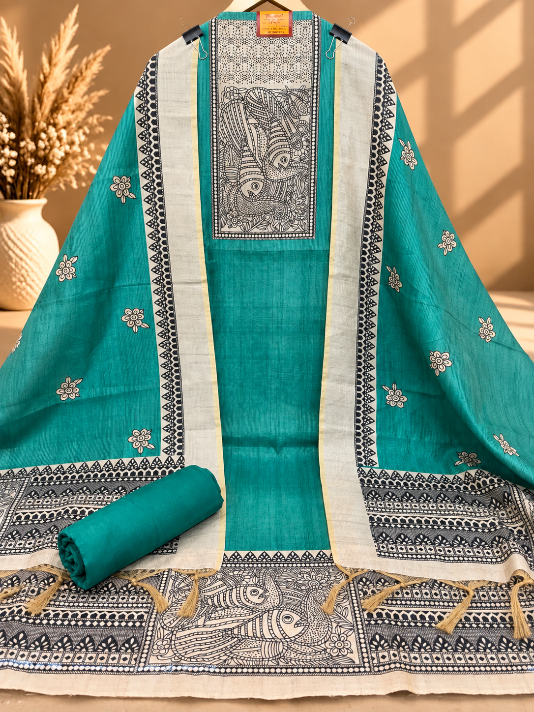 Teal Green Silk Digital Printed Unstitched Suit with Madhubani Art Dupatta | Designer Ethnic Suit