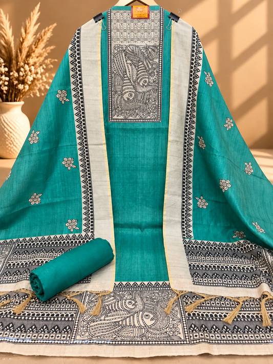 Teal Green Silk Digital Printed Unstitched Suit with Madhubani Art Dupatta | Designer Ethnic Suit