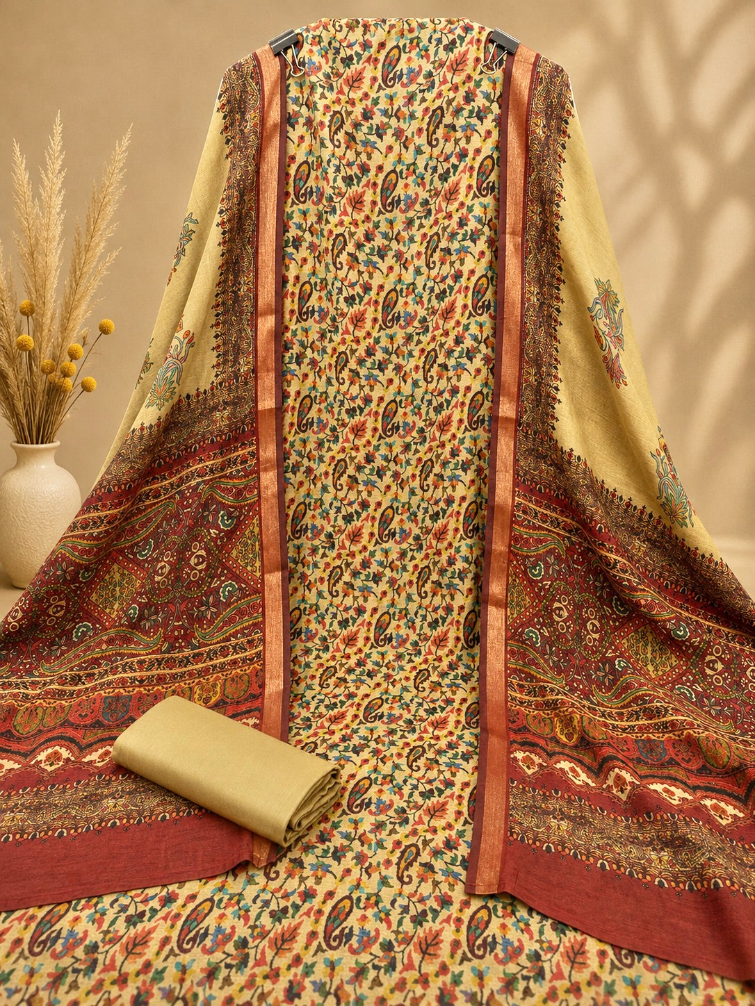 Premium Maheshwari Silk Suit with Traditional Floral & Paisley Print | Designer Silk Suit for Women