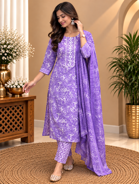 Purple Readymade Cotton Suit Set for Women | Floral Printed Kurta Pant with Dupatta