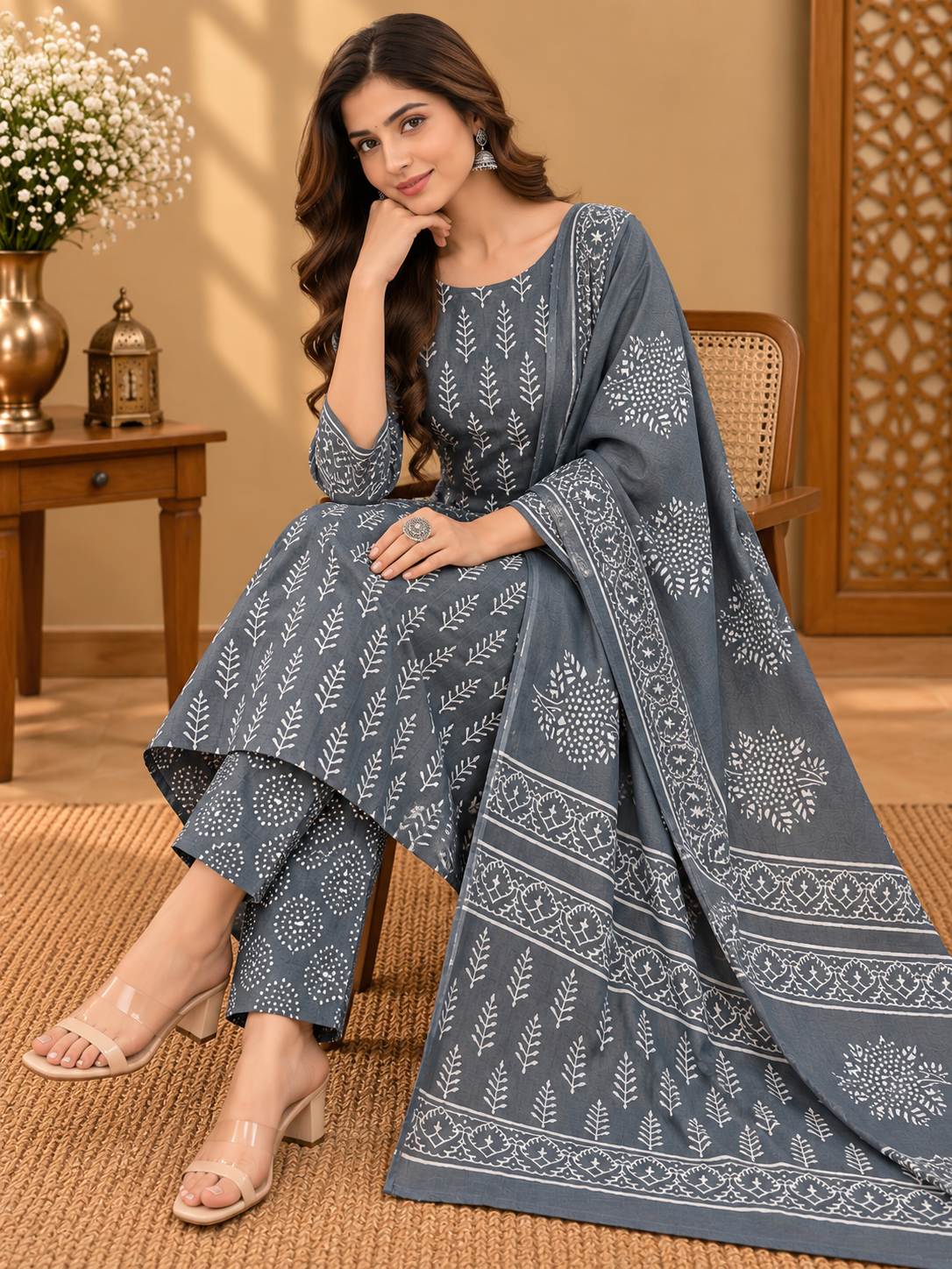 Jaipuri Block Printed Cotton Suit Set | Grey & White Hand Block Print Dress Material