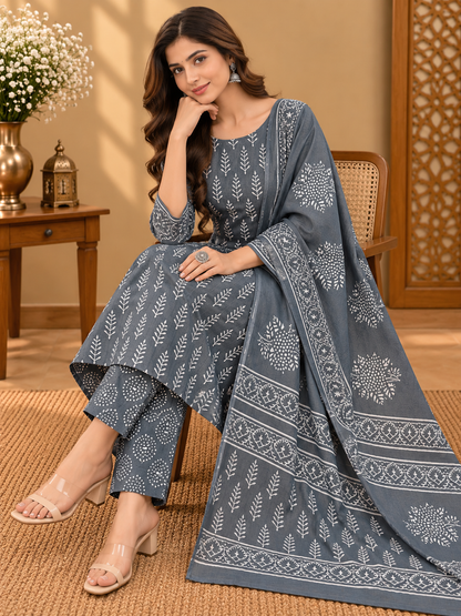 Jaipuri Block Printed Cotton Suit Set | Grey & White Hand Block Print Dress Material