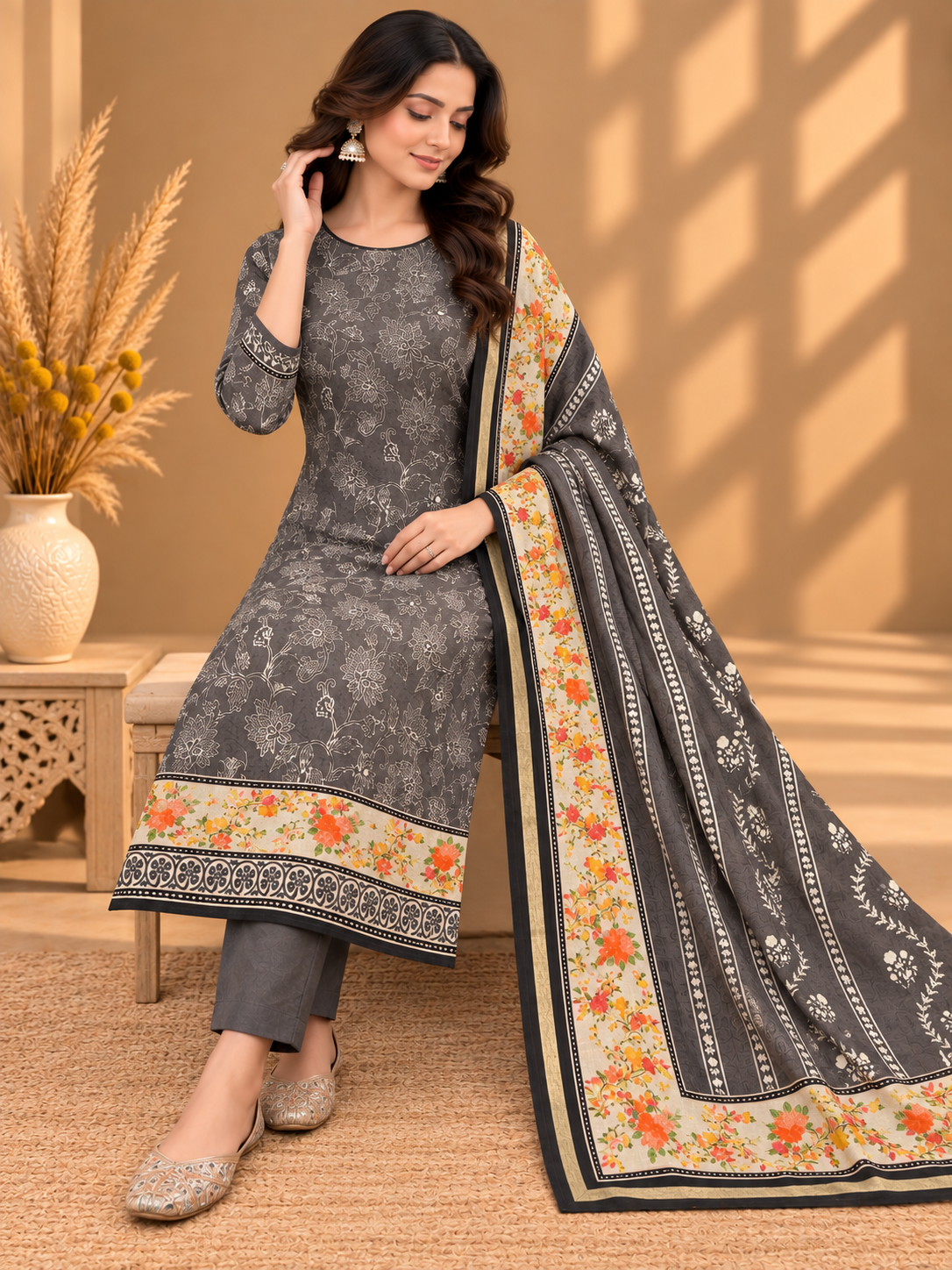 Premium Maheshwari Silk Suit with Floral Printed Design & Designer Border | Elegant Silk Suit for Women